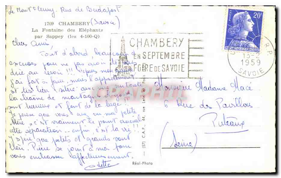 CPA Chambery La Fontaine des Elephants Sappey — Rückseite