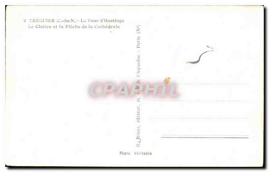 Tréguier (C.-du-N.) — La Tour d'Hastings, le Cloître et la Flèche de la Cathédrale — G. Beani, éditeur, Paris — Verso