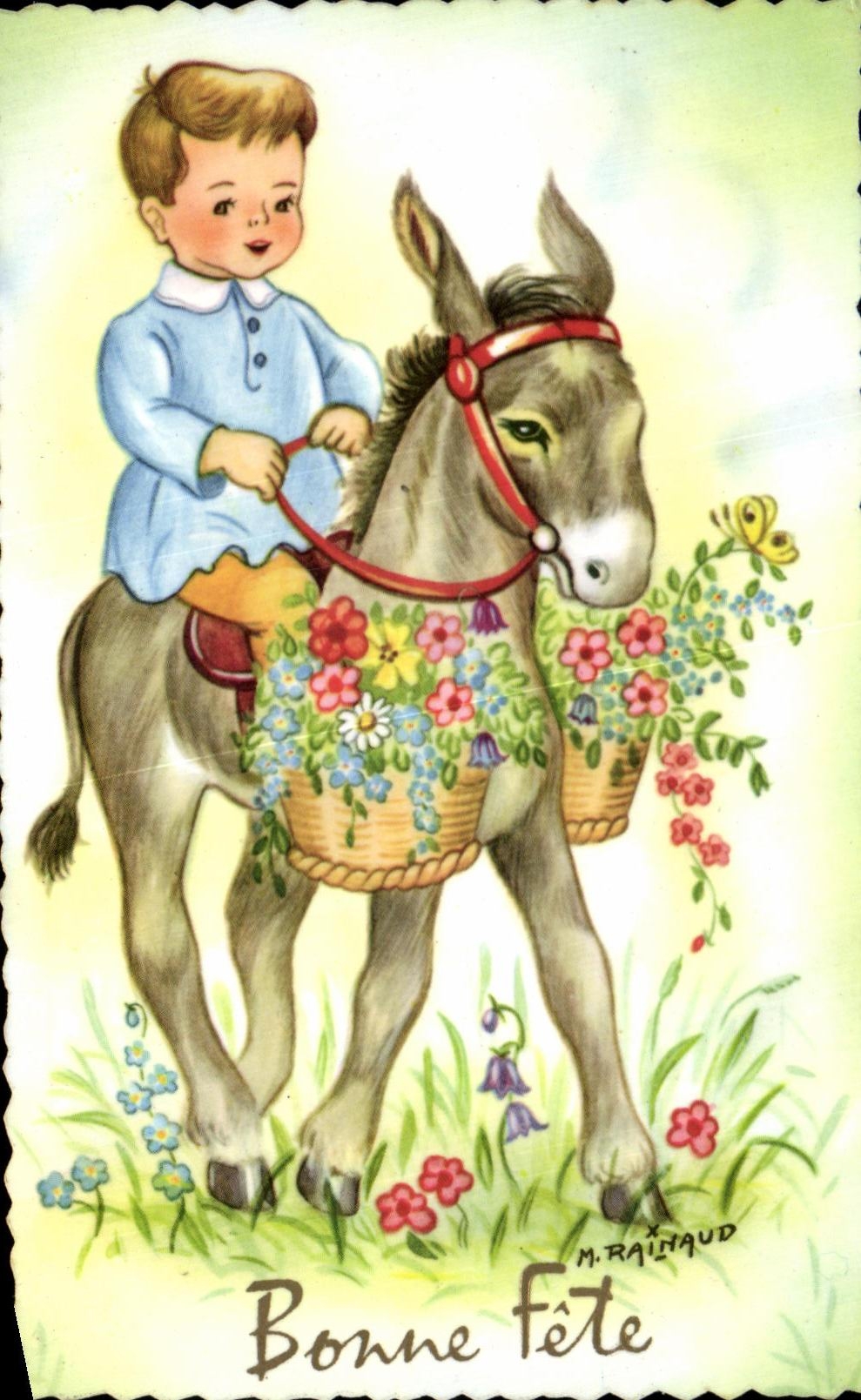 CPA Fantaisie Fleurs Bonne Fete Ane Donkey Enfant 