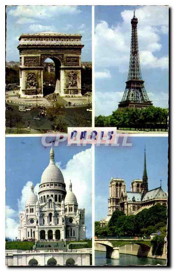 CPA Paris L Arc de Triomphe La Tour Eiffel Le Sacre Coeur Norte Dame