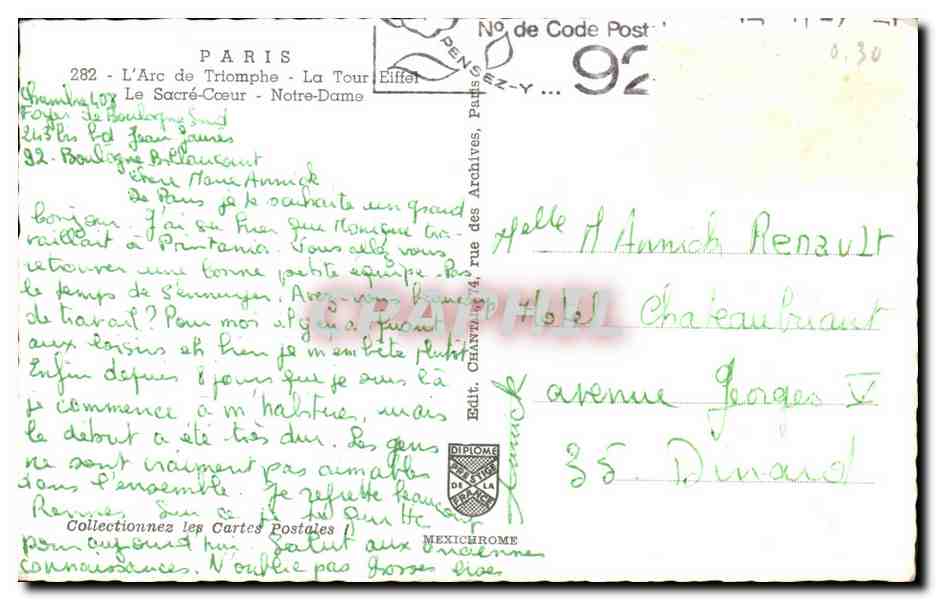 CPA Paris L Arc de Triomphe La Tour Eiffel Le Sacre Coeur Norte Dame — Rückseite