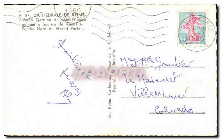 CPA Cathedrale De Reims L Ange Gardien de Saint Nicaise nomme Parche Nord du Grand Portail — Rückseite