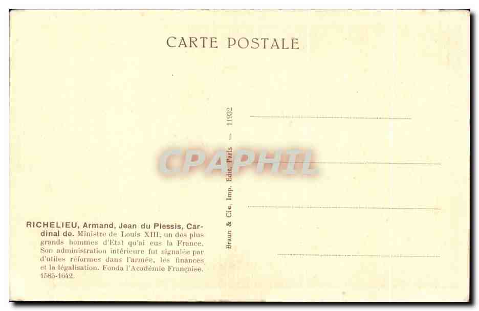 CPA Richelieu Armand Jean du Plessis Cardinal de Ministre de Louis XIII — Verso