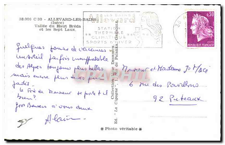 Vallée du Haut Bréda et les Sept Laux — Allevard-les-Bains (Isère) — Éd. 'La Cigogne' n°38.006 C30 — Reverso