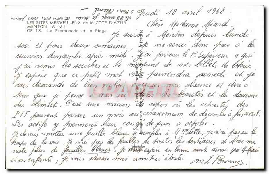 CPA Les sites Merveilleux de la Cote D Azur Menton Of 18 La Promenade et la Plage — Rückseite