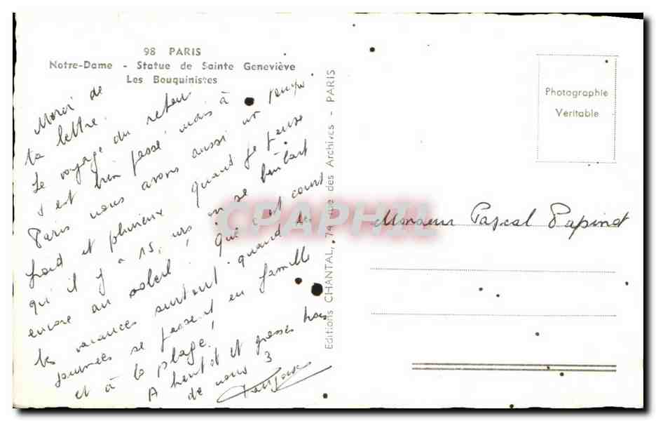 CPA Paris Notre Dame Statue de Saint Genevieve Les Bouquinistes — Verso