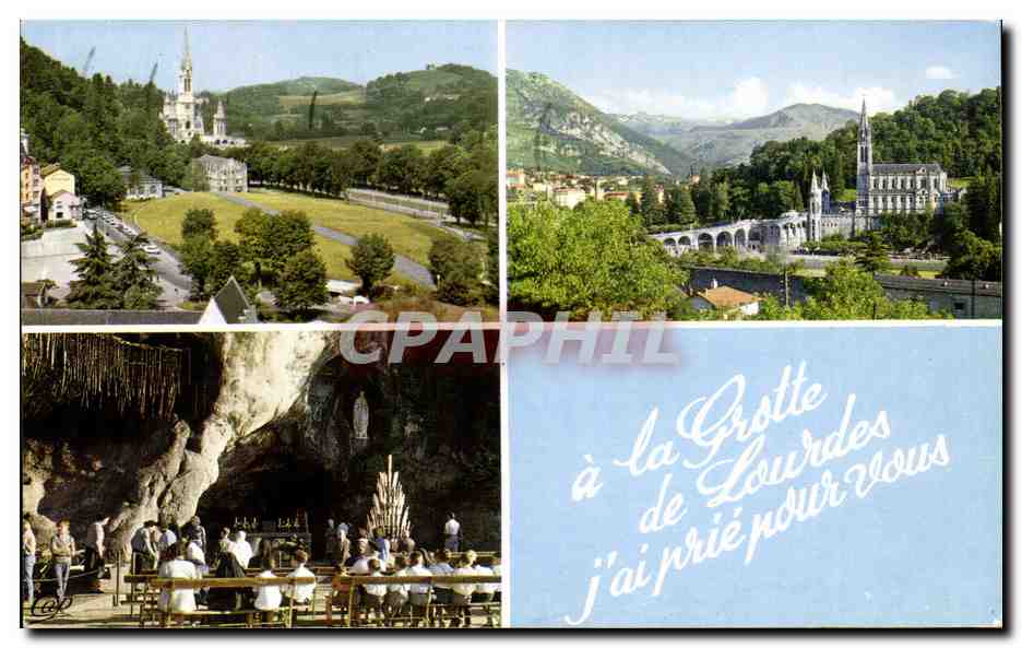 CPA Lourdes La Basilique Au centre toit de la Basilique souterraine La Basilique et les Pyrenees La Grotte