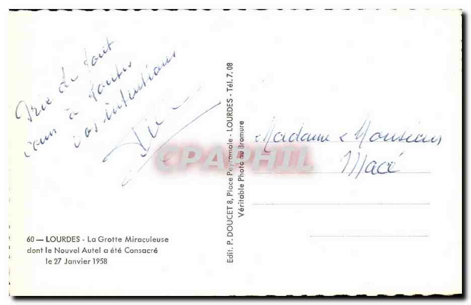 CPA Lourdes La Grotte Miraculeuse don’t le Nouvel Autel a ete Consacre le 27 Janvier 1958 — Verso
