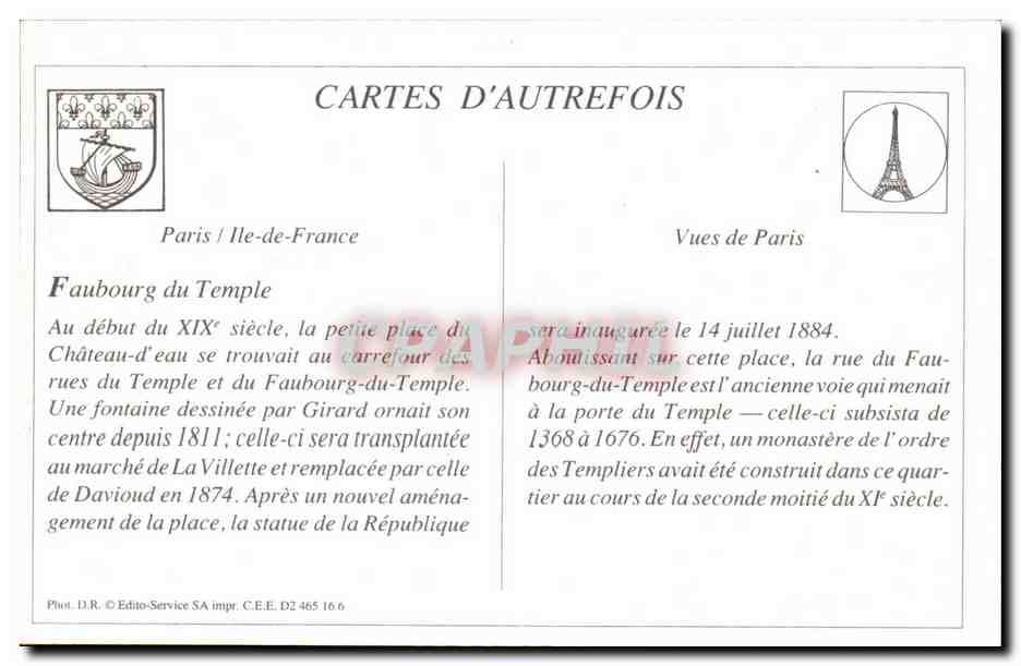 REPRO Paris Le Faubourg du Temple et la Place de la Republique — Verso