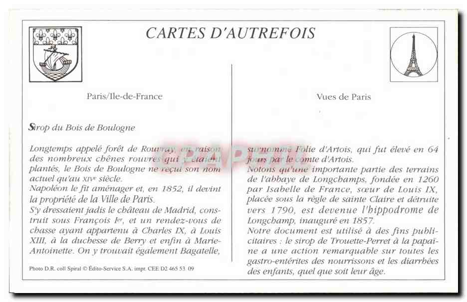 REPRO Paris Rois de Boulagne Avee de Longehamp Le Sirop de Trouette  — Verso