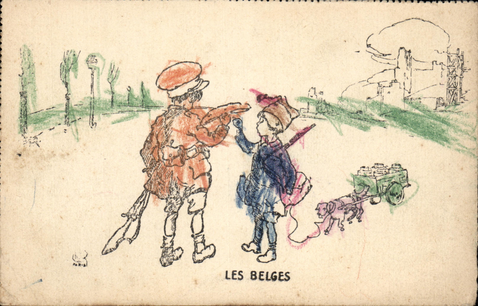 CPA Les Belges Voiture a chiens Dogs Enfants Militaria 