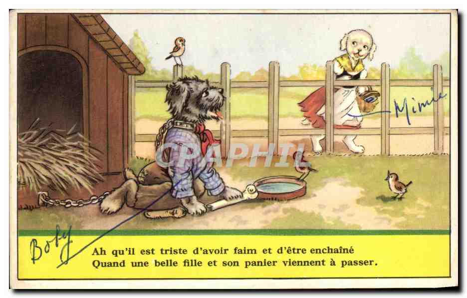 CPA Ah qu ll est triste d avoir faim et d etre enchaine Quand une belle fille et son panier Viennent a passer Chiens Dog