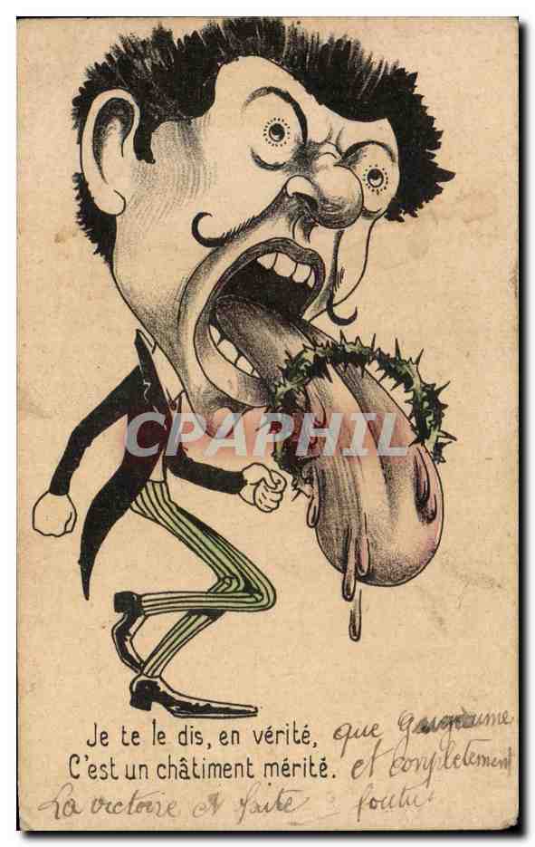 Caricature of a man shouting with a rabid tongue — publisher not visible