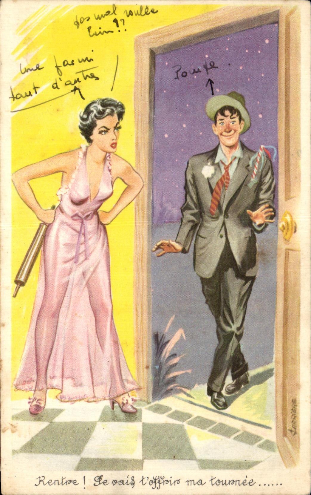 Femme en robe rose et homme en costume — scène humoristique — Journée éditeur, n° 379