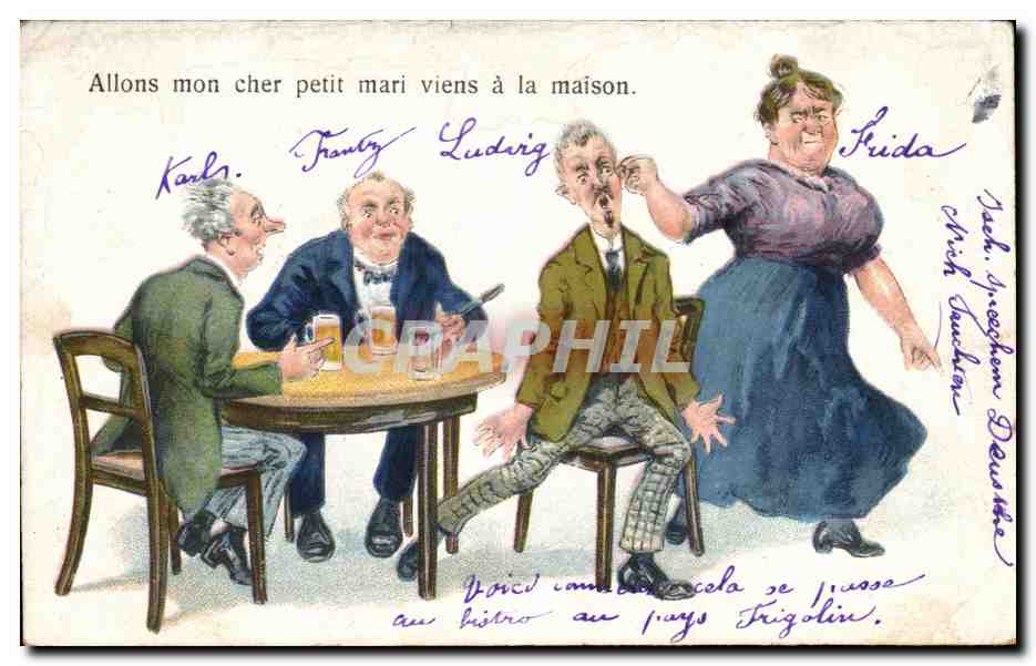 Scène humoristique avec femme menaçante — éditeur non visible, n° de série non lisible