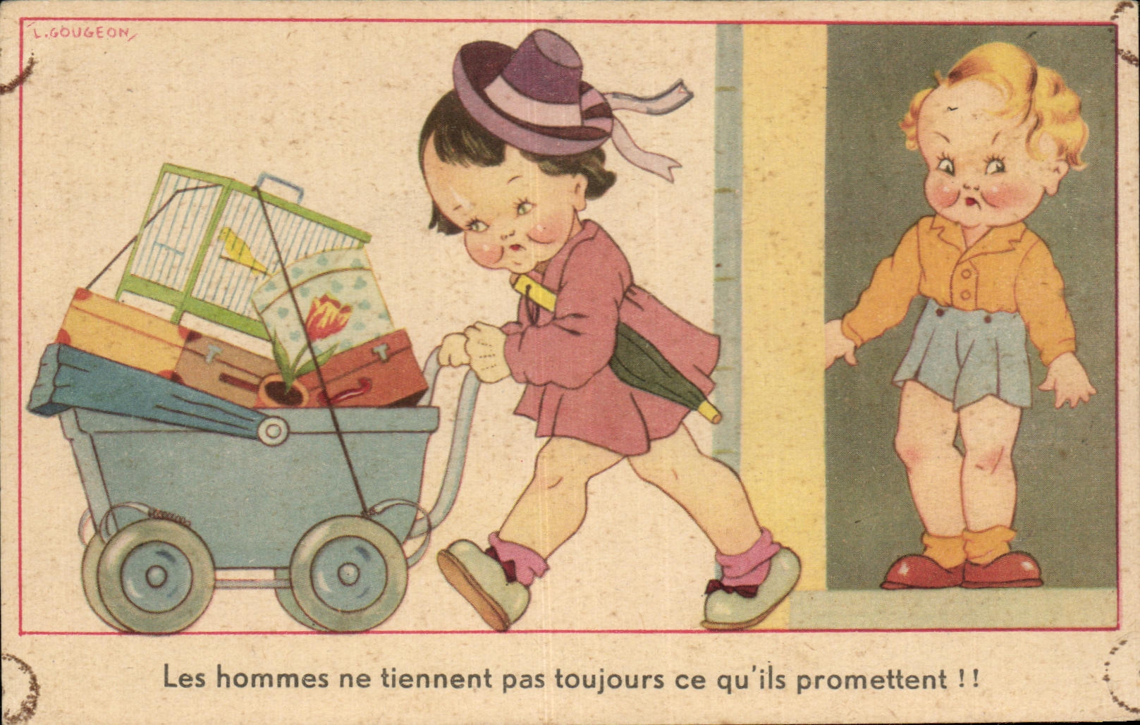 Enfant poussant une poussette chargée — L. Gougeon — série non visible