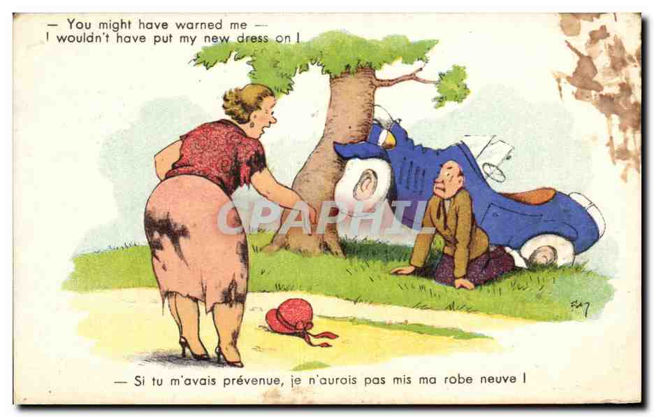 Accident de voiture — femme en robe neuve — éditeur Imprimerie France, série 31/37