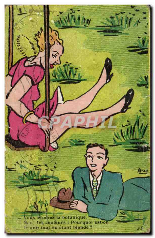 Jeune femme blonde et homme en tenue de ville — jeu de mots sur les couleurs — éditeur Ancy, n°55