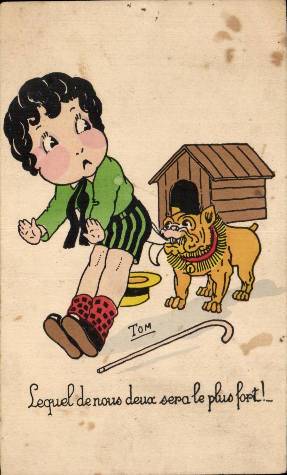 CPA Lequel de nous deux sera le plus fort Enfant et chien Humour Tom