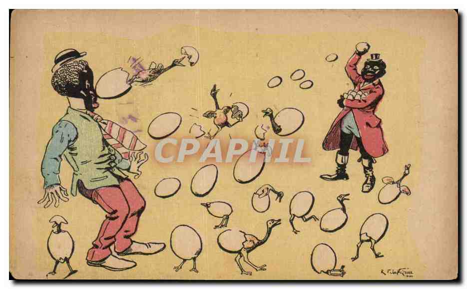 CPA Hommes noirs se lancant des oeufs Humour