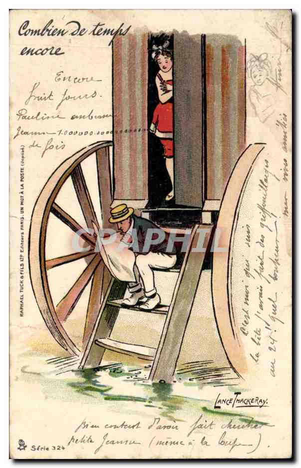 Jeune homme et femme dans un moulin à eau — illustration humoristique — Raphall Tuck & Fils, Série 324