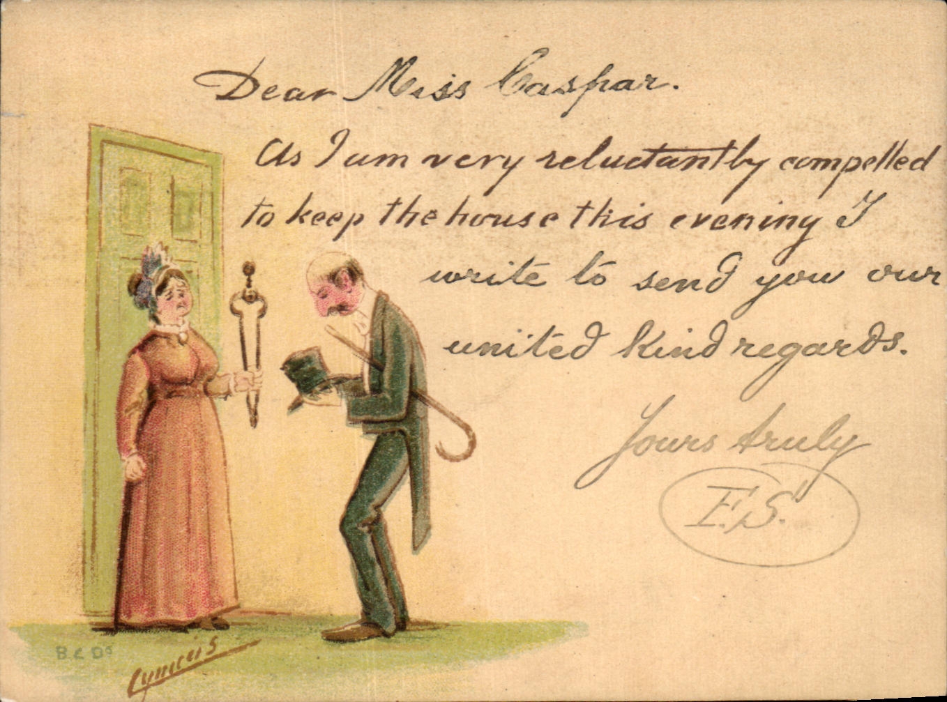 Homme et femme à la porte — scène humoristique — éditeur B.C.O.S. n°5
