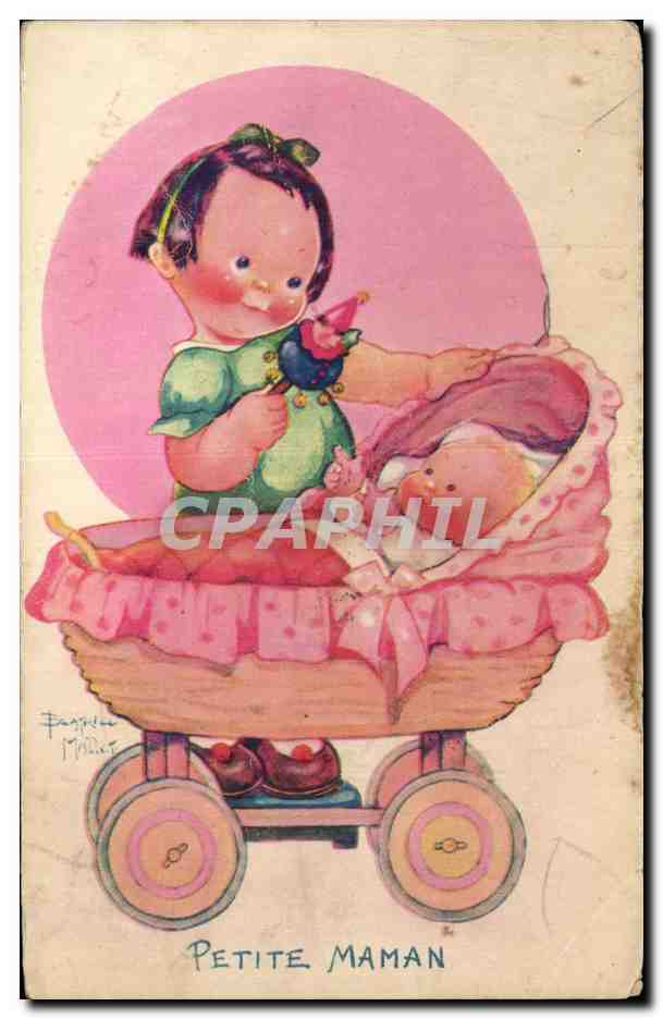 Little Mom — illustration of a girl holding a baby in a pram — publisher National de l'Enfance, Paris
