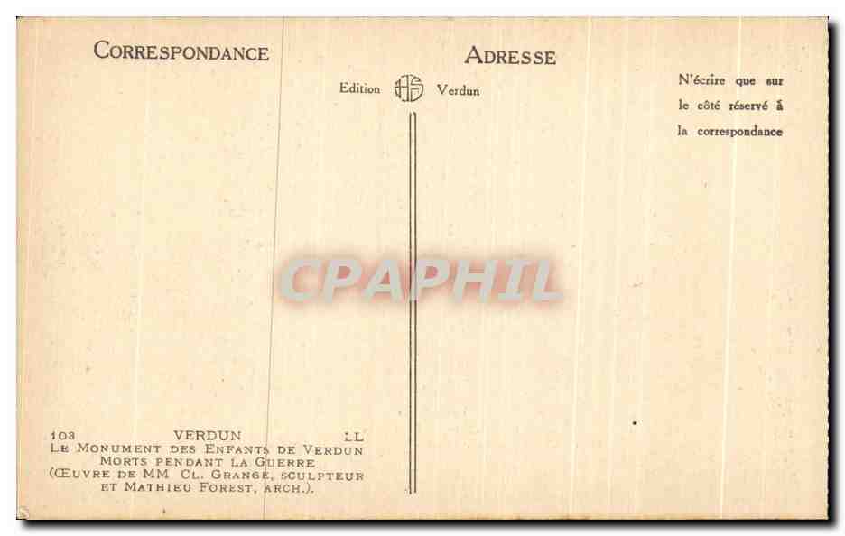 Monument des Enfants de Verdun — Éditeur Verdun, n° 103 — Reverso
