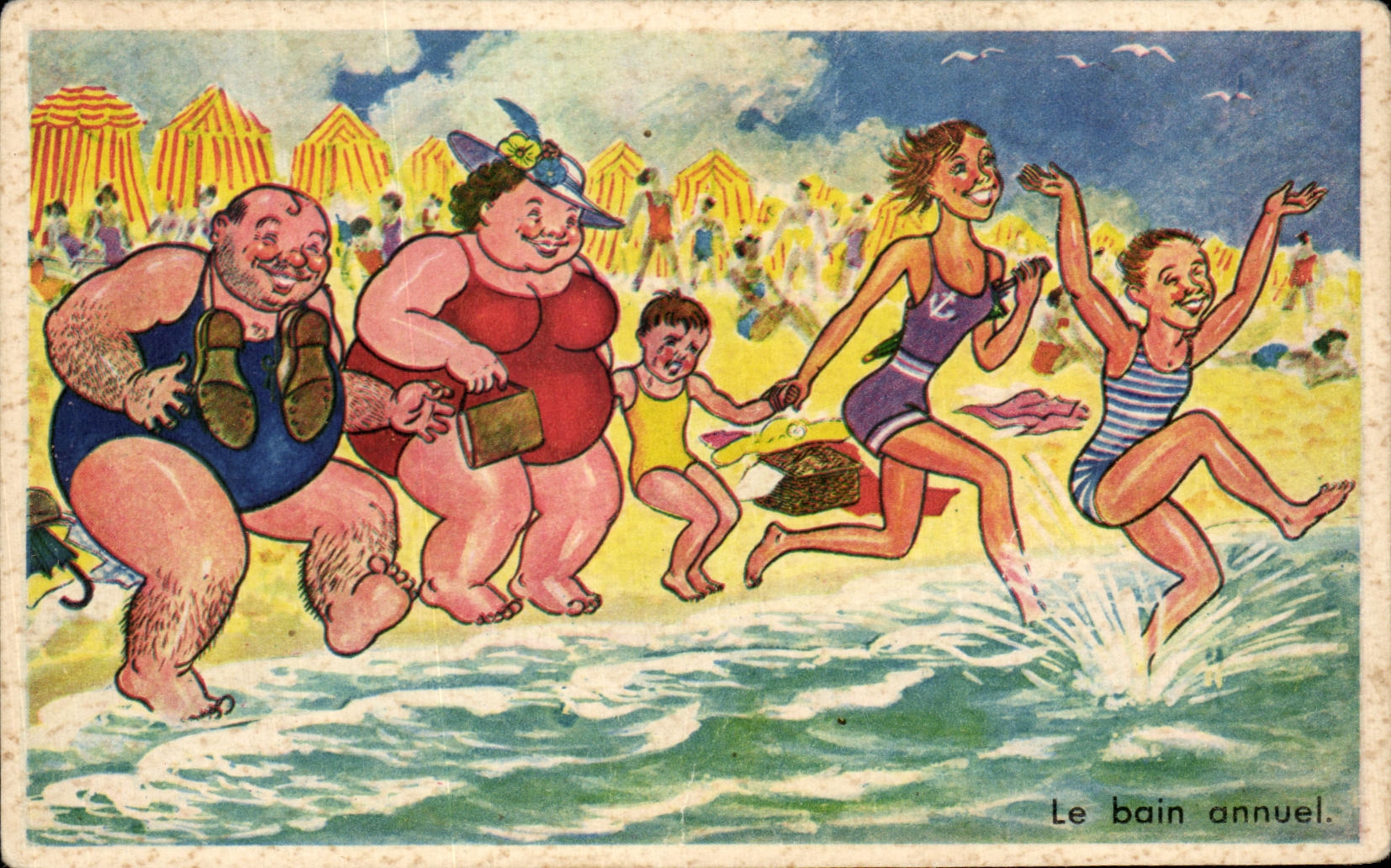 The annual bath — beach scene with caricatured figures — G. Artaud, Nantes