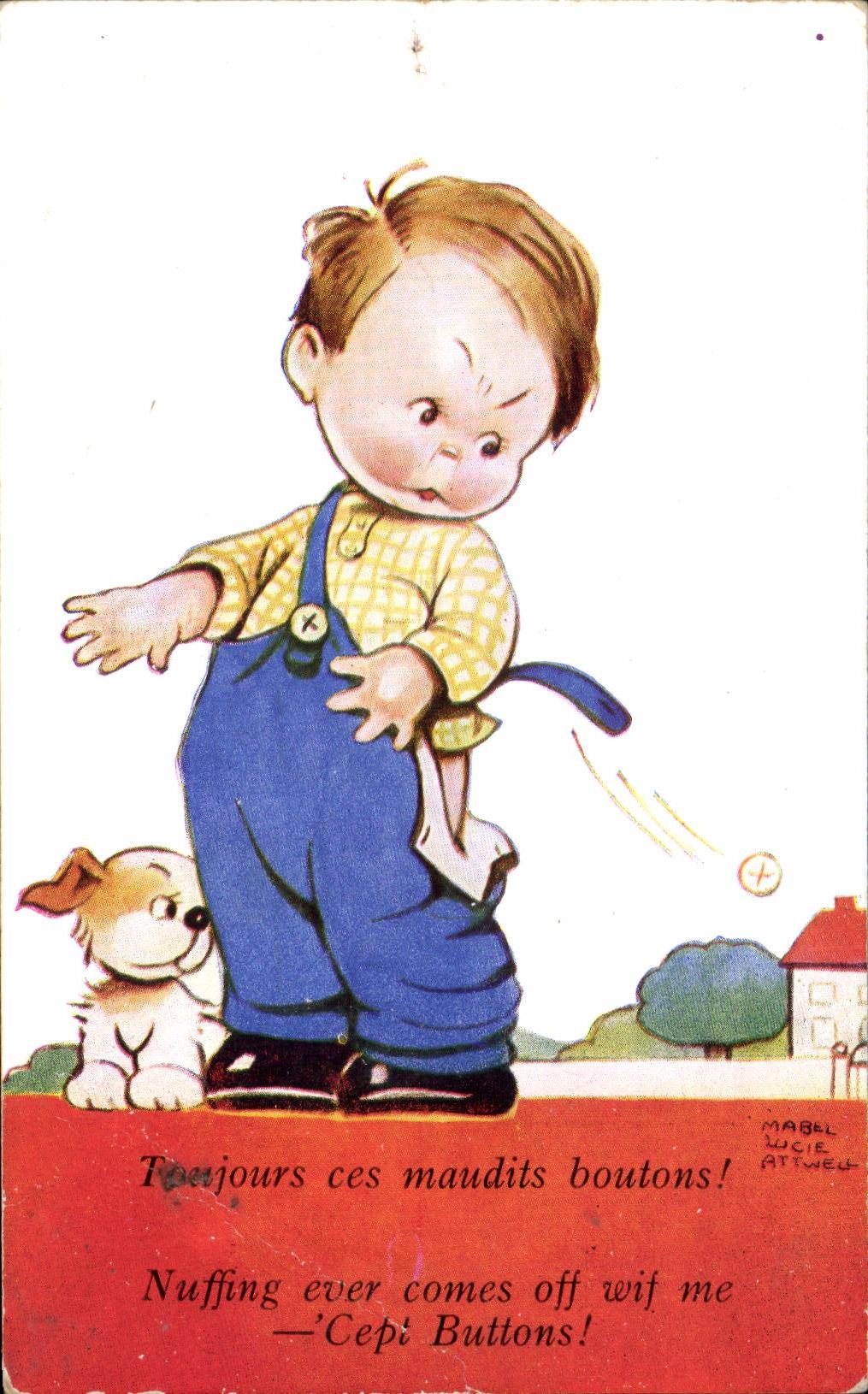 Enfant et chien — boutons qui tombent — Mabel Lucie Attwell
