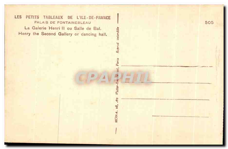 Ballsaal des Schlosses Fontainebleau — Galerie Henri II — Verlag Mong, Nr. 505 — Rückseite