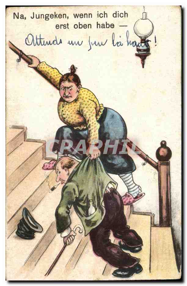 Scène humoristique — femme menaçante sur les escaliers — éditeur non visible
