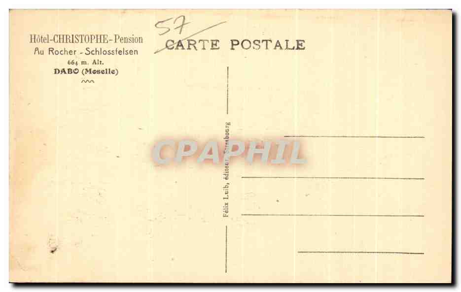 Dabo (Moselle) — église sur rocher — Hôtel-Christophe-Pension, éditeur Félix Lüb, Strasbourg — Rückseite