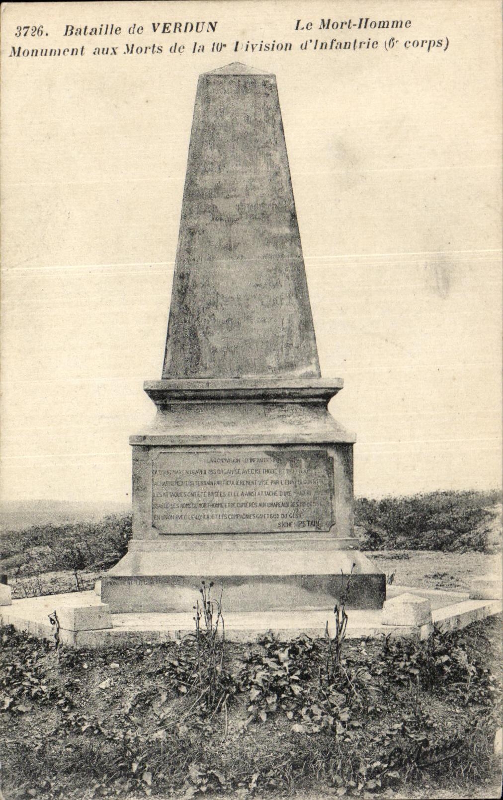 Bataille de VERDUN — Le Mort-Homme, Monument aux Morts de la 10e Division d'Infanterie (6e corps) — éditeur Prototypie Paris