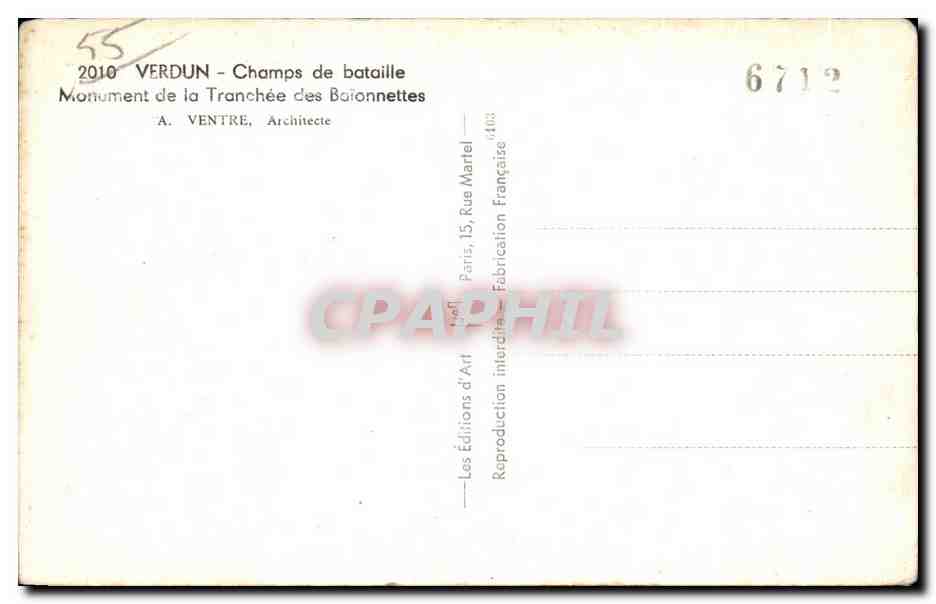 Verdun — Champs de bataille — Monument de la Tranchée des Baionnettes — A. Ventre, Architecte — Reverso