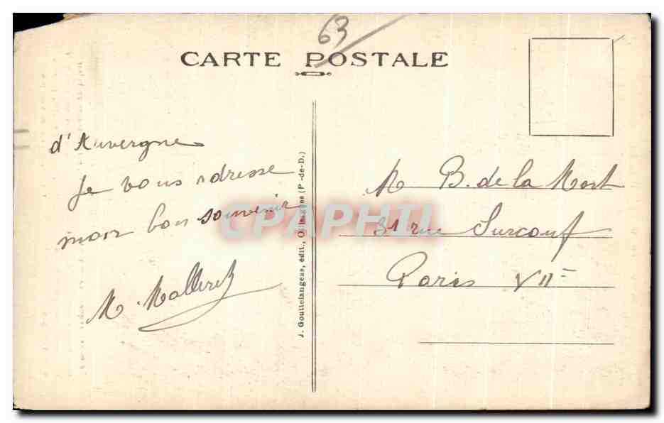 Vintage Postcard/Antike Ansichtskarte Auvergne Folklore Costume — Rückseite