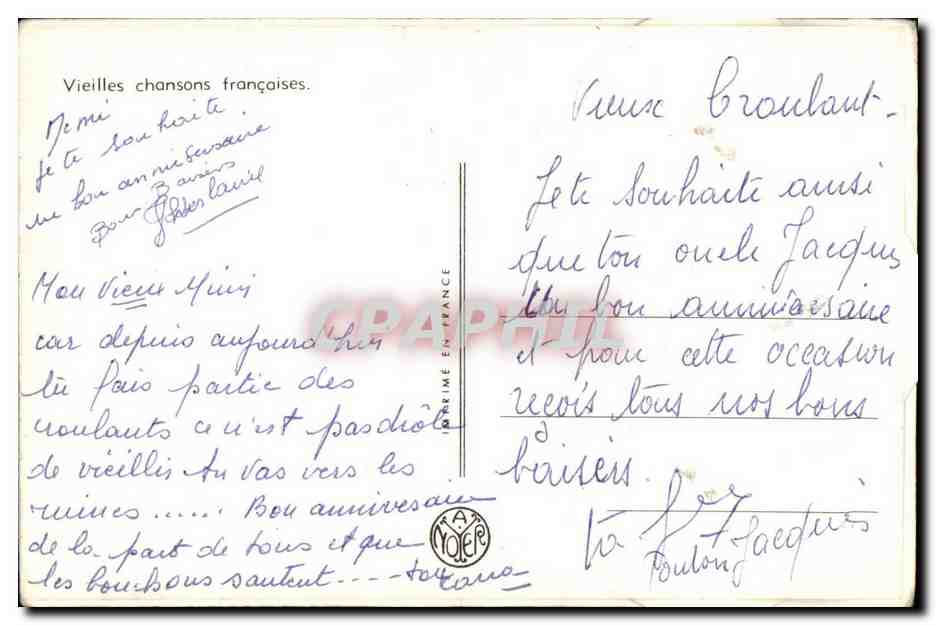 CARTE SYSTEME Vieilles chansons Francaises CAnnes Humour — Rückseite