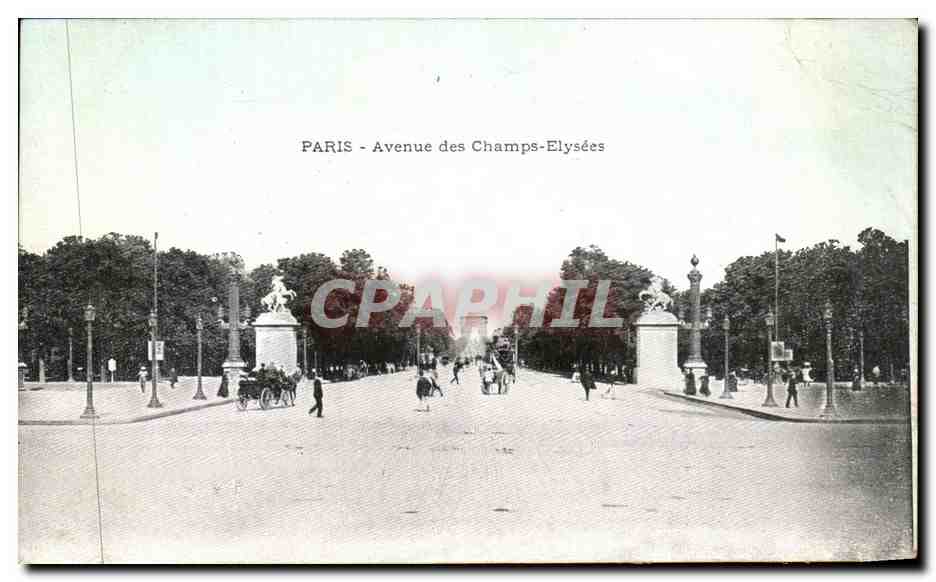 Paris - Avenue des Champs-Élysées — vue de l'avenue avec colonnes et piétons — éditeur non identifié