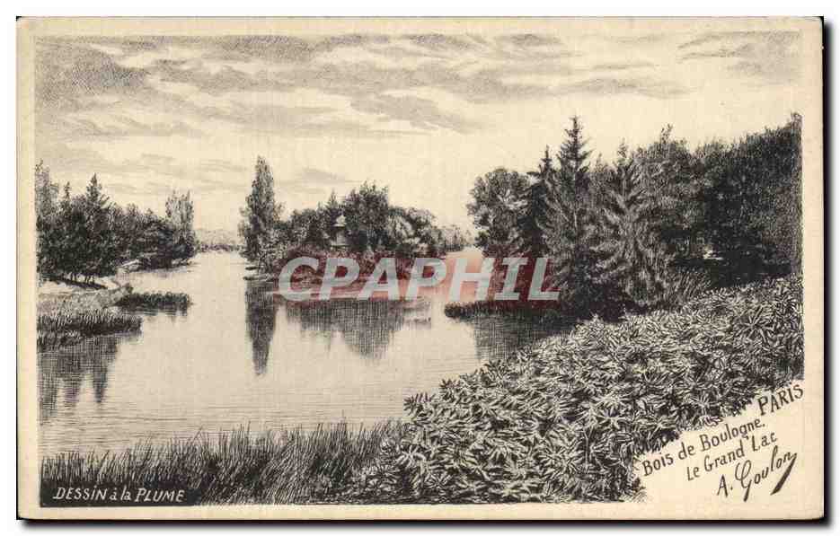 CPA Dessin a la Plume Bois de Boulogne Le Grand Lac Paris