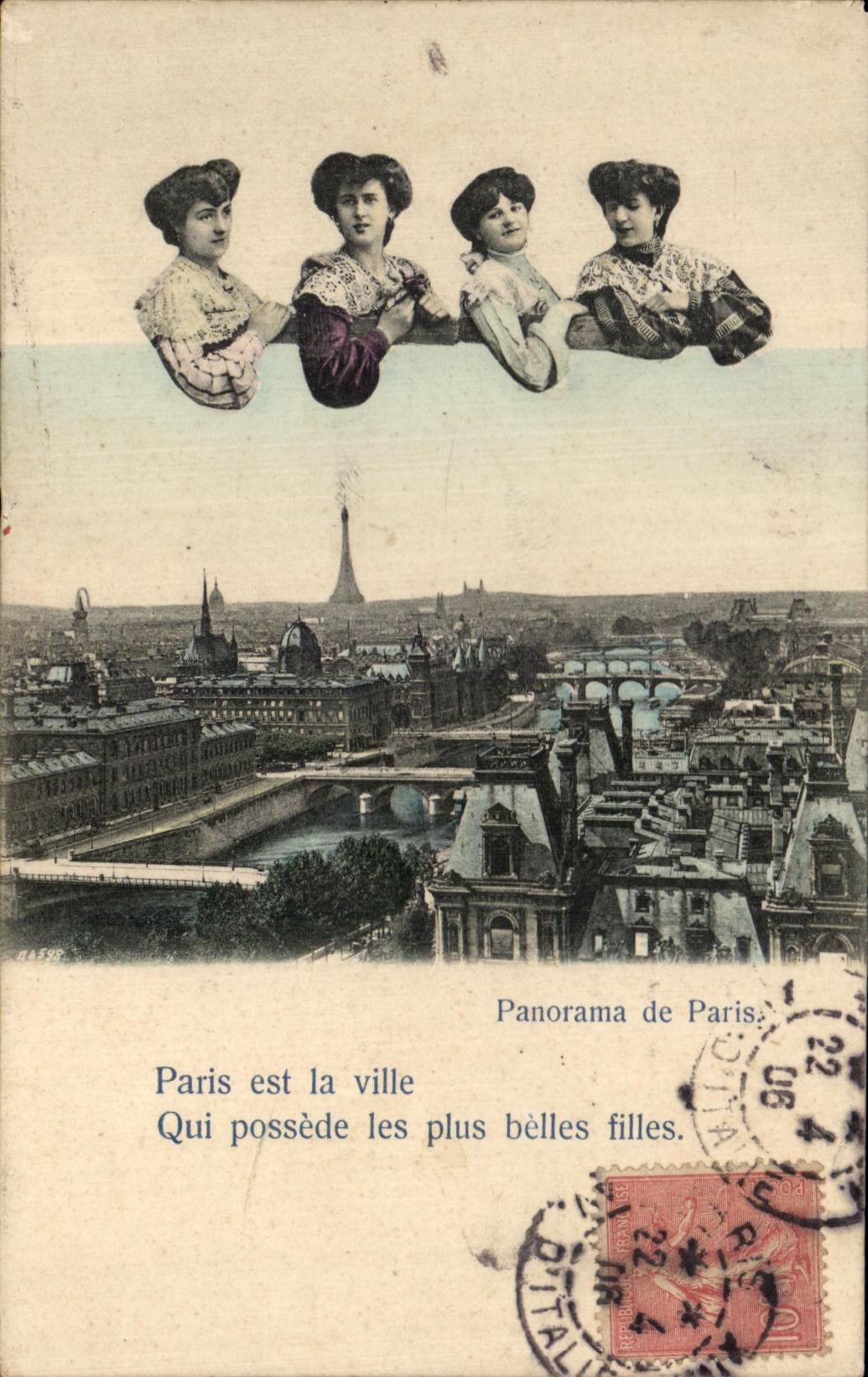 CPA Panorama de Paris Paris est la Ville Qui possede les plus belles filles Tour Eiffel Femmes