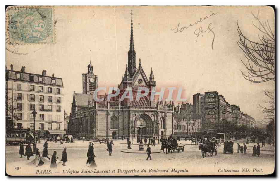 CPA Paris L Eglise Saint Laurent et Perspective du Boulevard Magenta