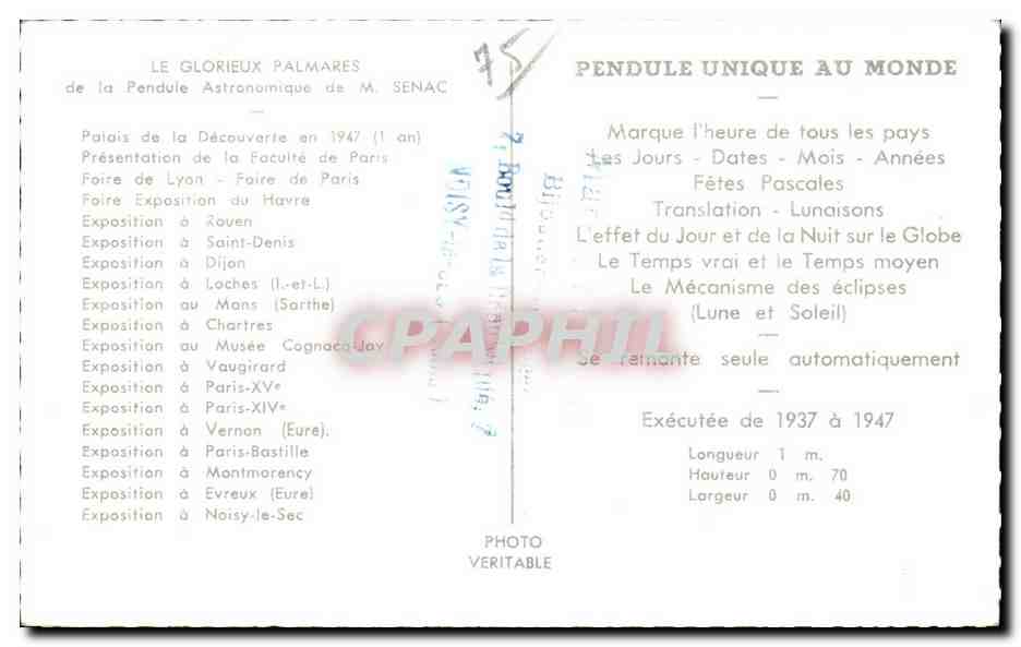 CPA Au Palais de la Decouverte La Celebre Pendule Astronomique Entiermaent En Cristal Executee par E J Senac de Paris — Rückseite