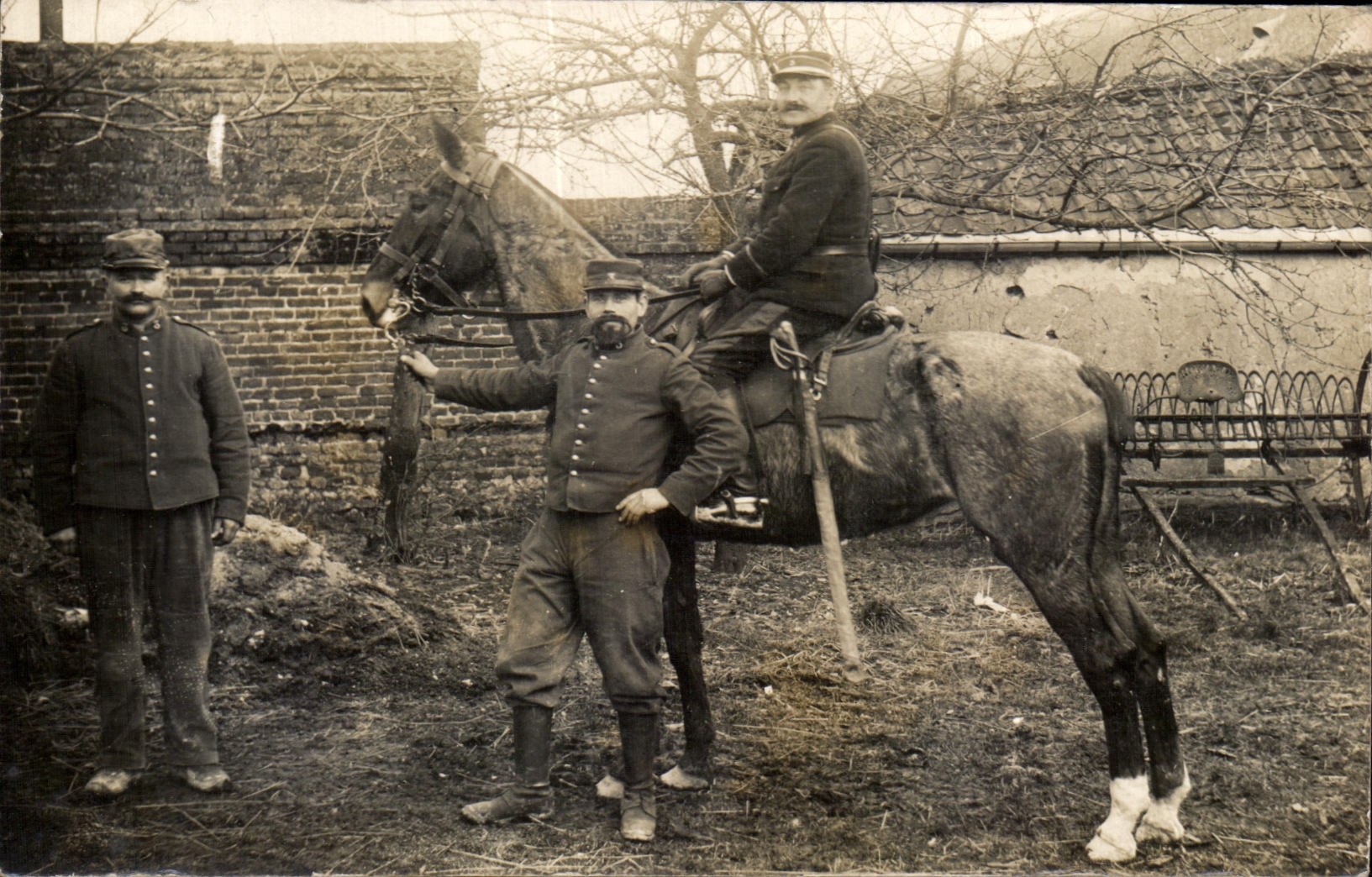 Trois soldats — un à cheval — en extérieur — Carte postale CPAPHIL