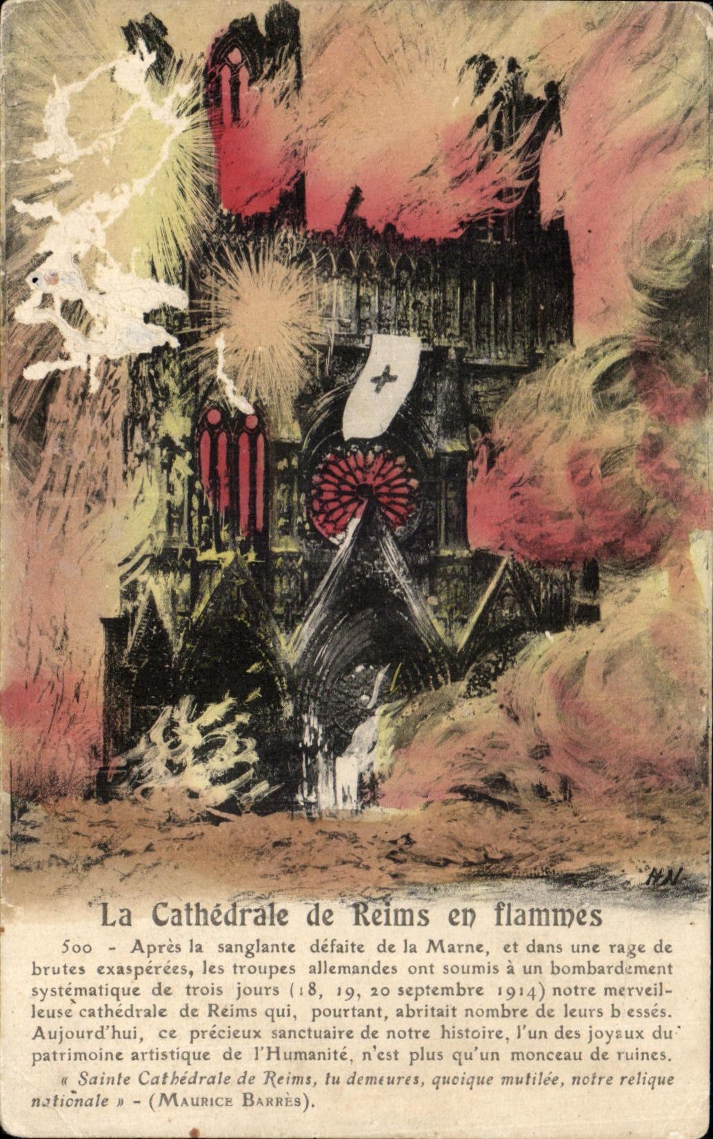 CPA La Cathedrale de Reims en flammes