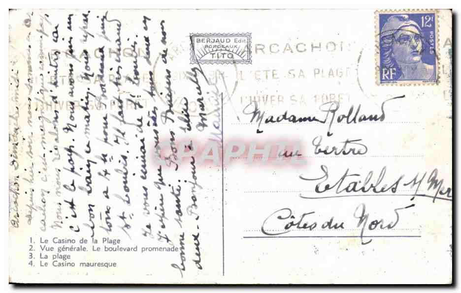Arcachon — Souvenir d'Arcachon — Berjaud, Bordeaux — Verso