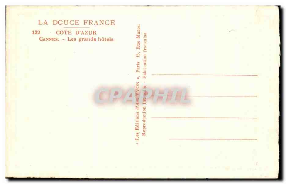 CPA Cote D Azur Cannes Les grands hotels — Verso