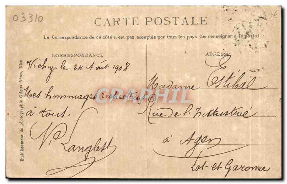 CPA Vichy Le Casino et Jardins — Rückseite