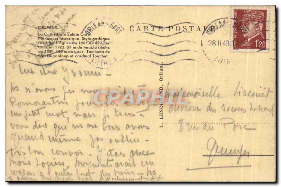 CPA Orleans La Cathedrole Sainte Croix — Verso