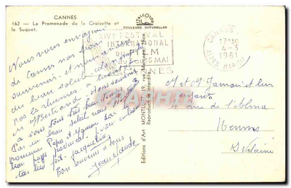 CPSM Cannes La Promenade de la Croisette et le Suquet — Verso