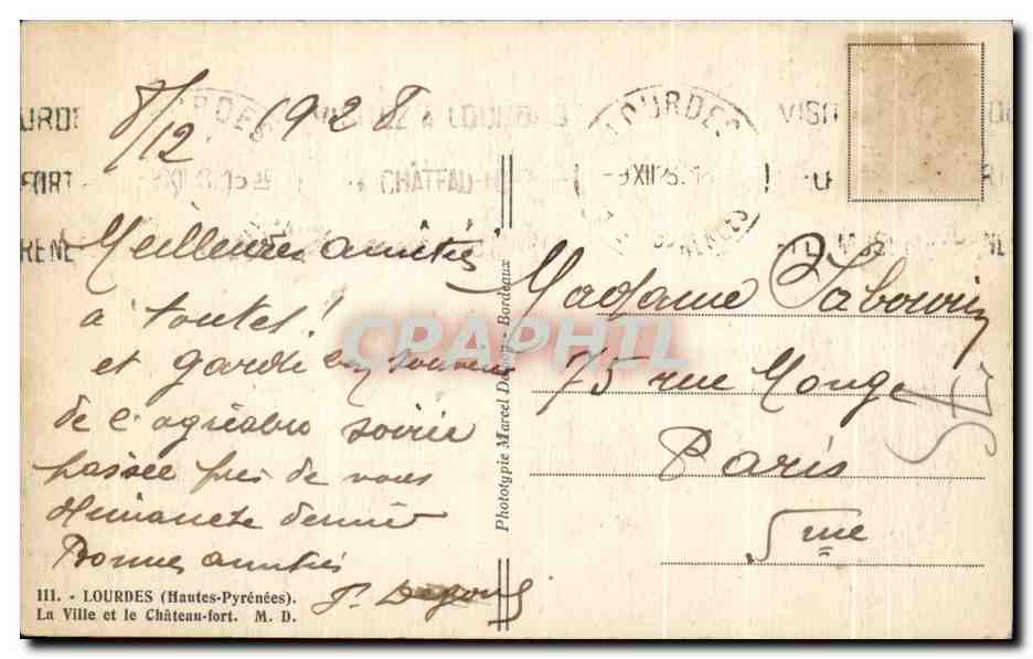 CPA Lourdes La Ville et le Chateau Fort — Verso